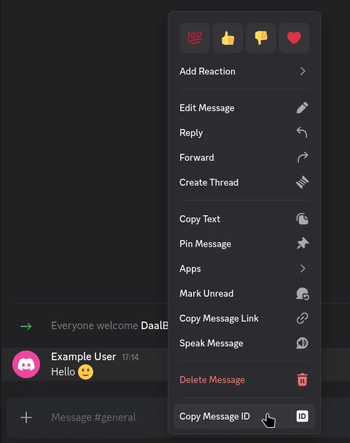 Context menu for a Discord message with the Copy Message ID option highlighted