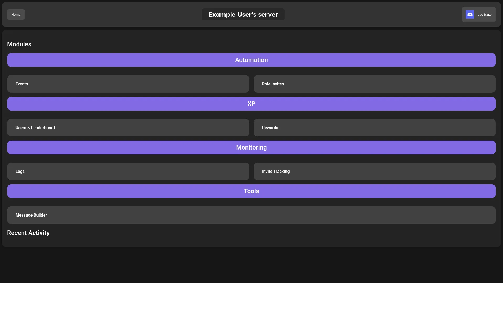 Screenshot of the DaalBot server dashboard showing various features