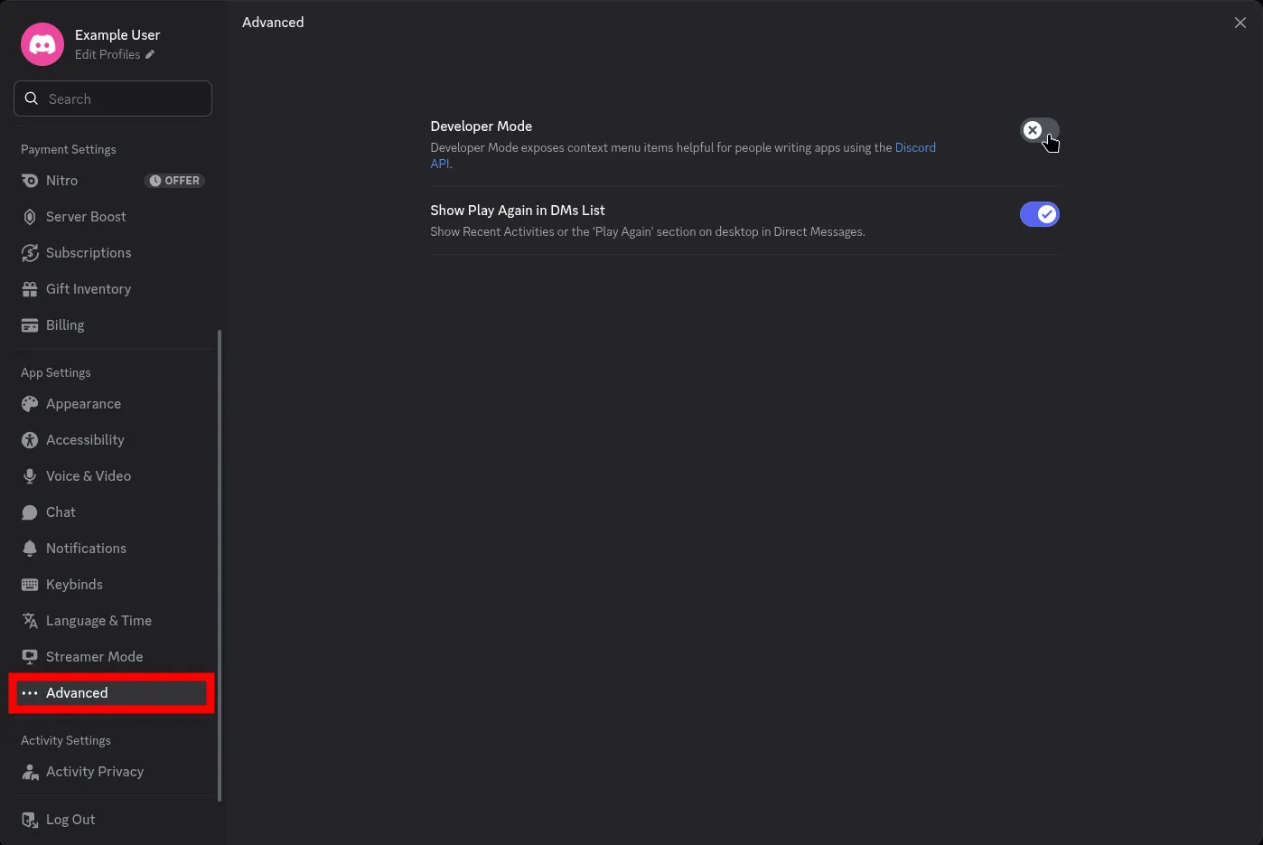 Advanced settings panel in Discord showing Developer Mode toggle switch in the enabled position with a blue checkmark