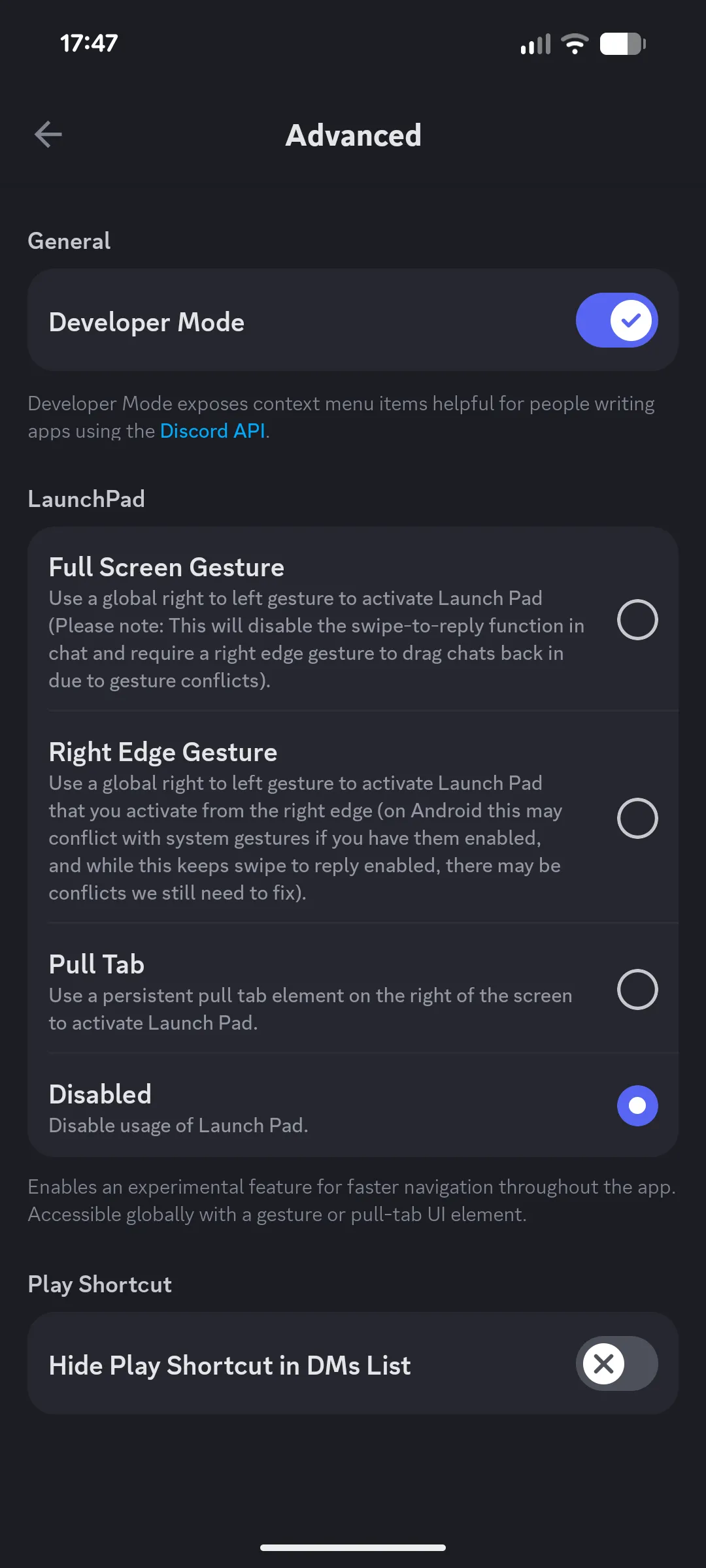 Advanced settings page in Discord mobile app showing Developer Mode toggle switch in the enabled position with a blue checkmark