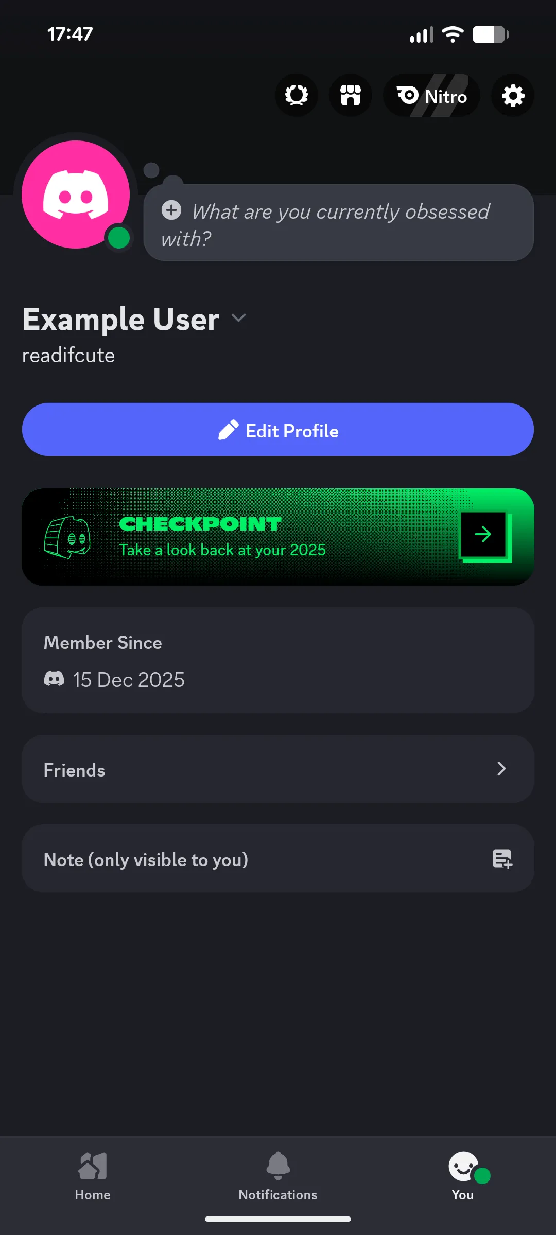 Discord mobile app user profile picture location in bottom right corner and settings gear icon in top right corner